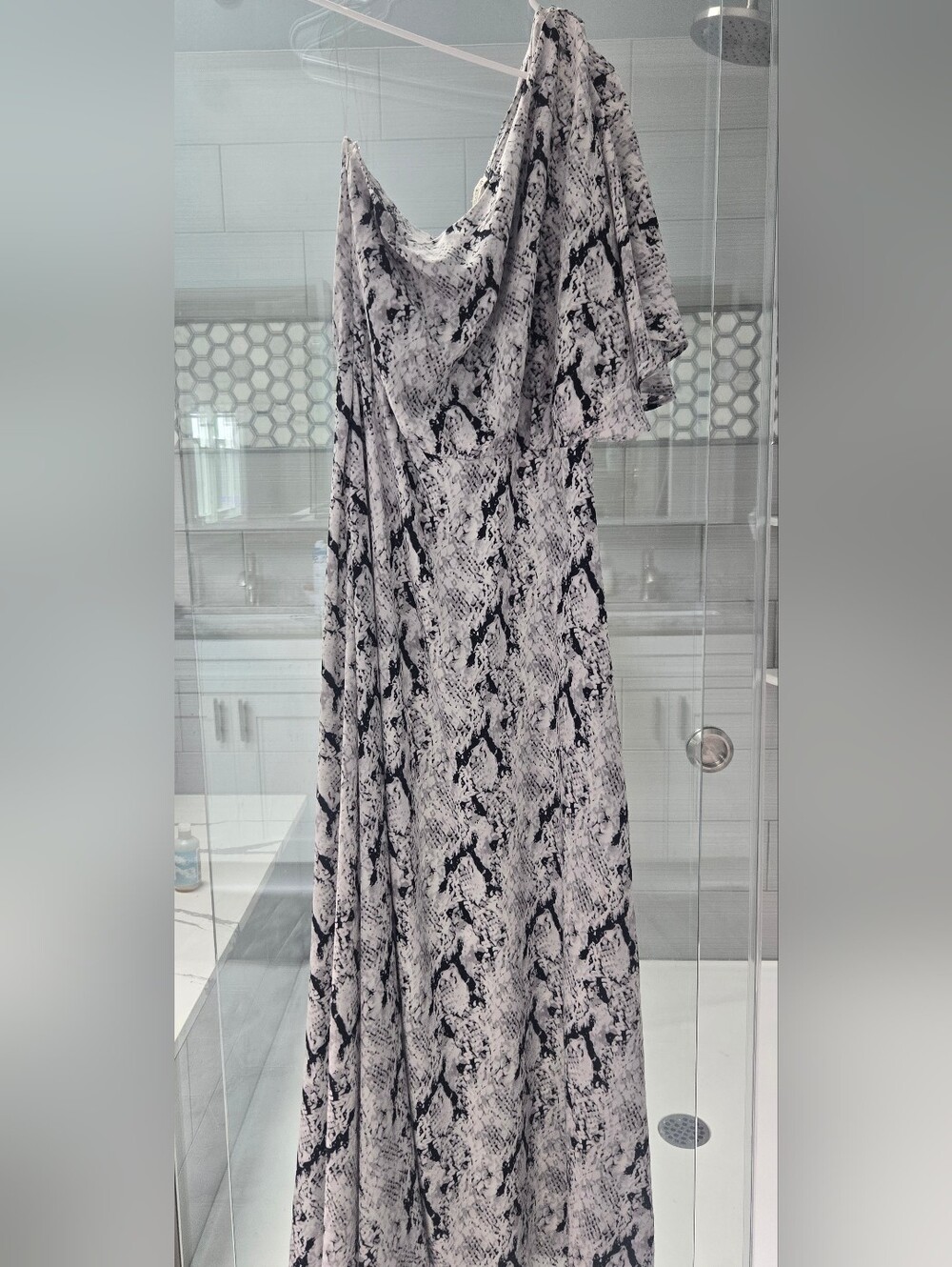 Main Strip One-Shoulder Snake Print Maxi Dress in Black and White